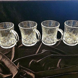 Arcoroc FRANCE Canterbury Crocus Glass Mugs Cups Coffee Tea Embossed 4” Set Of 4